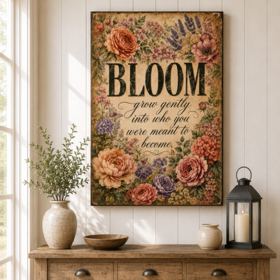 Bloom Vintage Botanical Canvas Wall Art - “Grow Gently Into Who You Were Meant To Become” Floral Canvas