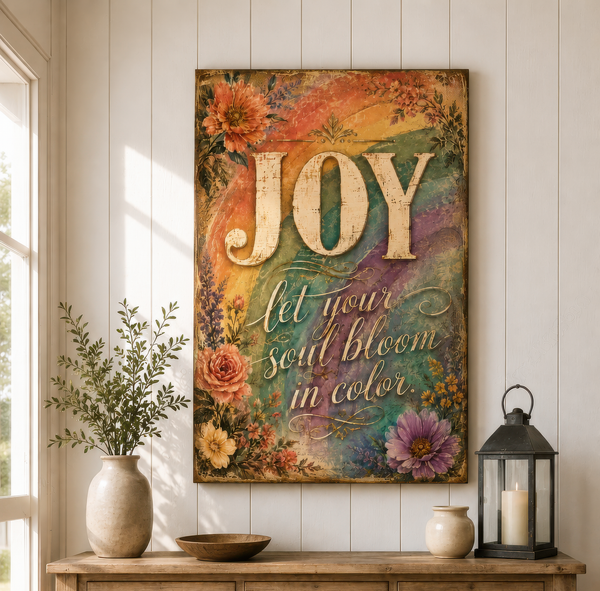 Vintage JOY Canvas Wall Art with Colorful Botanical Typography